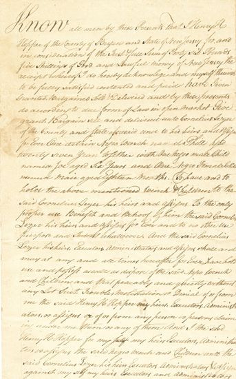 (SLAVERY AND ABOLITION--NEW JERSEY.) Early New Jersey Manuscript Slave Sale Document, wherein Henry H. Hopper of Bergen County, New Jer